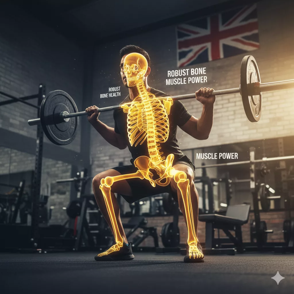 Athlete squatting with a glowing skeleton overlay to represent bone and muscle health.