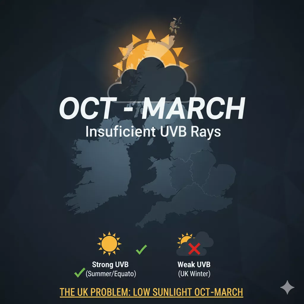 Graphic illustrating the lack of effective sunlight (UVB) in the UK from October to March.